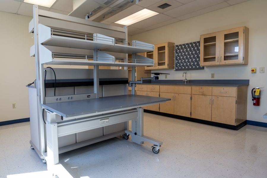 Lab bench and fume hood in a dry lab module